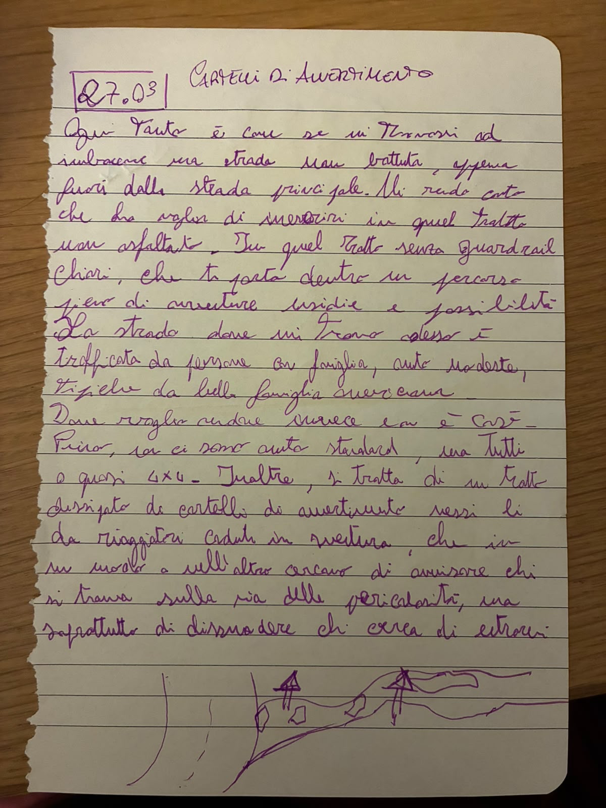 Pagina di quaderno manoscritta intitolata «Cartelli di avvertimento», datata 27.03, con uno schizzo di un bivio stradale